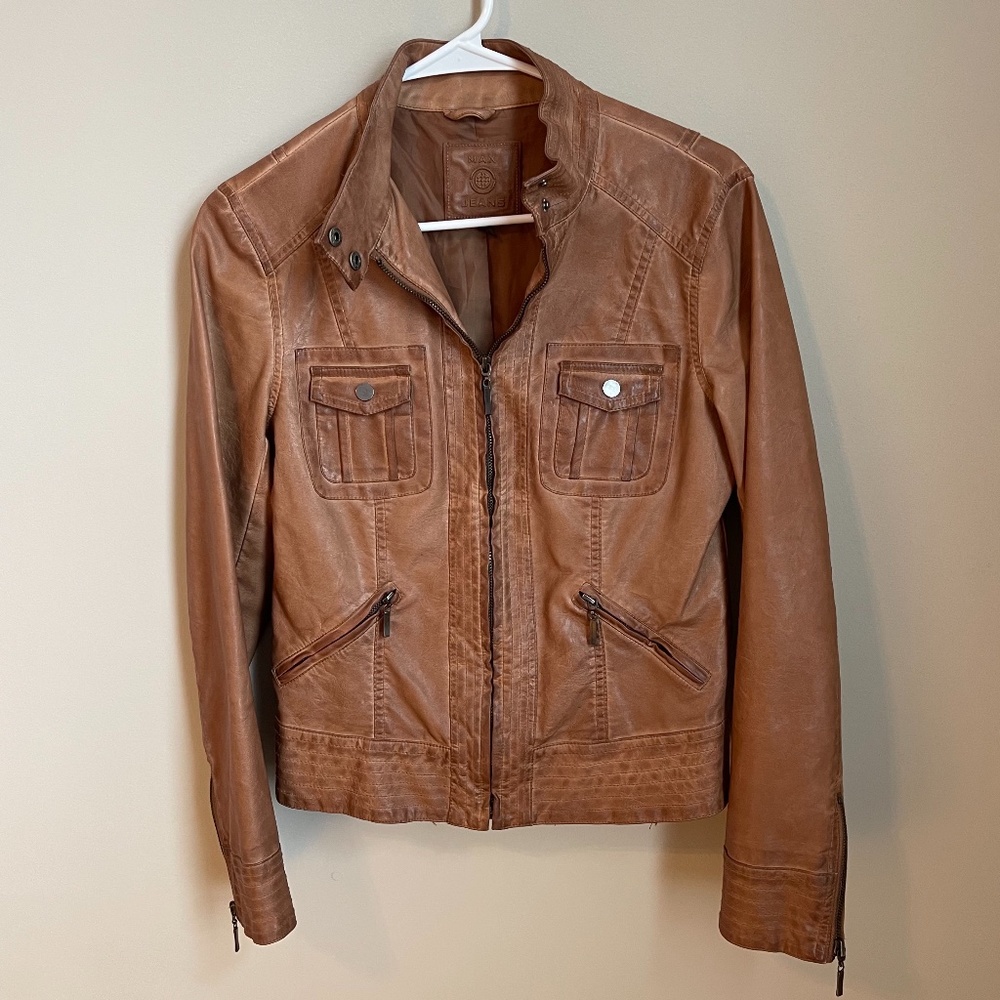 Max Studio Vegan Leather Jacket - Cognac Brown / Tan - Size Medium